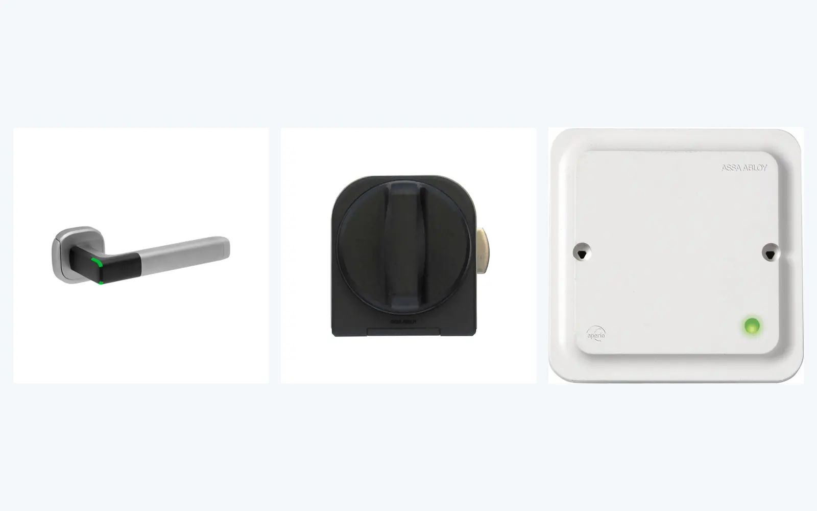 ASSA ABLOY Aperio wireless access product family with H100 handle, KL100 cabinet lock, and communication hub