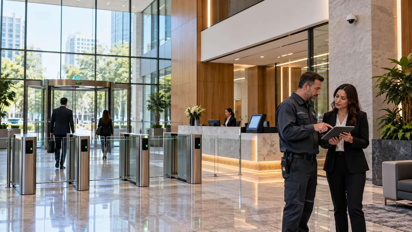 Illustrative office building lobby with access control, visitor systems and security cameras