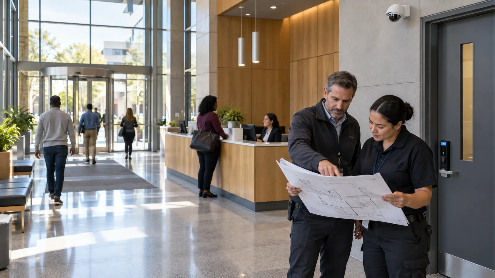 Illustrative civic facility lobby with visitor flow and secure staff access