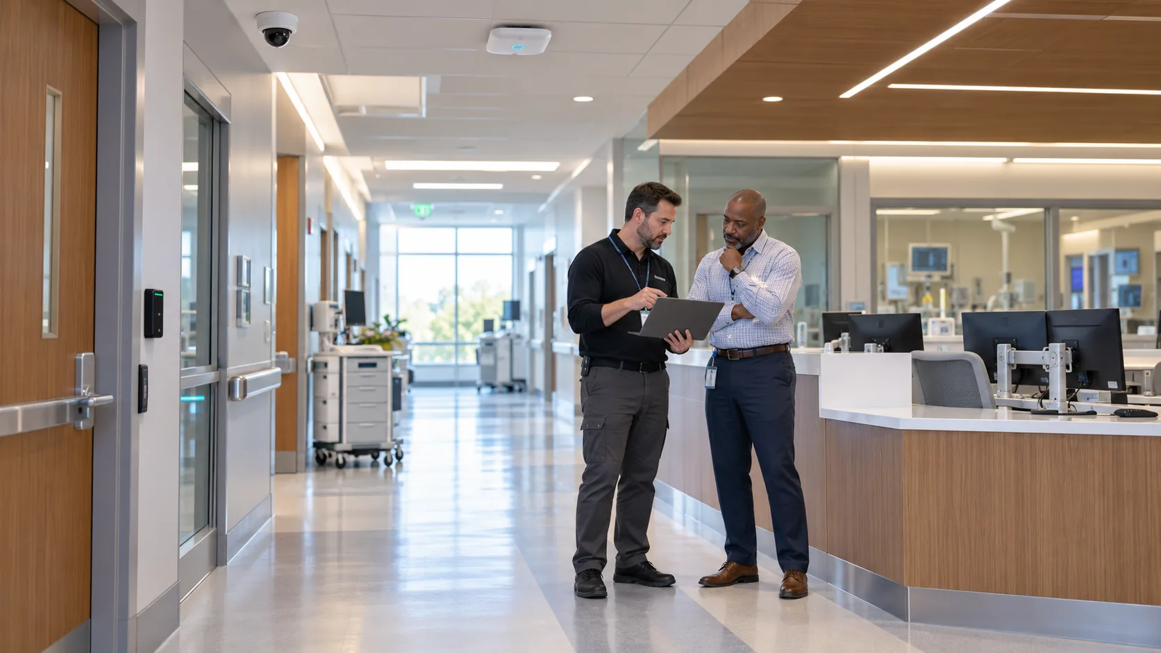 Illustrative hospital corridor with access-controlled doors, networked systems and facilities technology