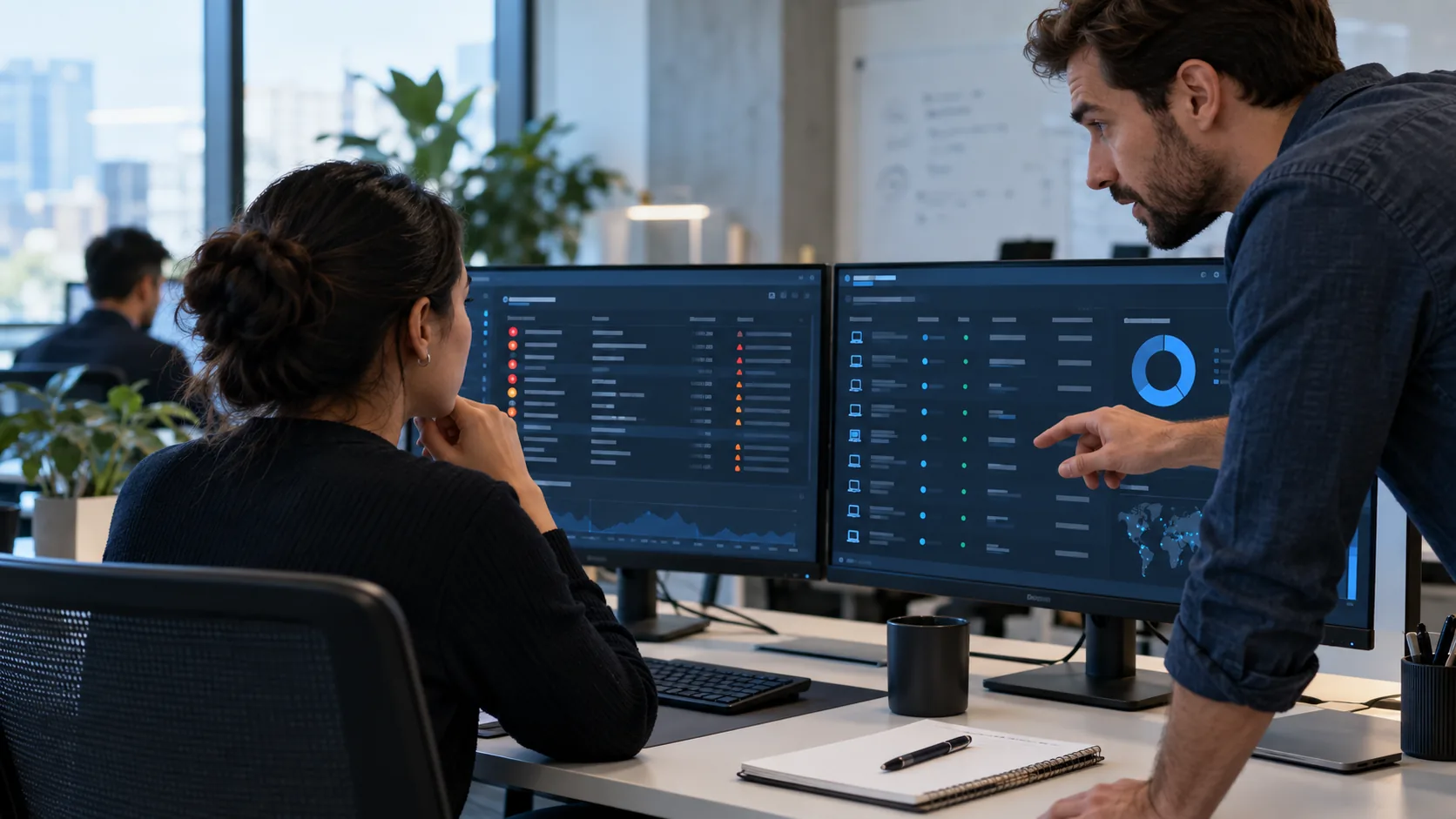 Illustrative business cybersecurity analyst monitoring network access