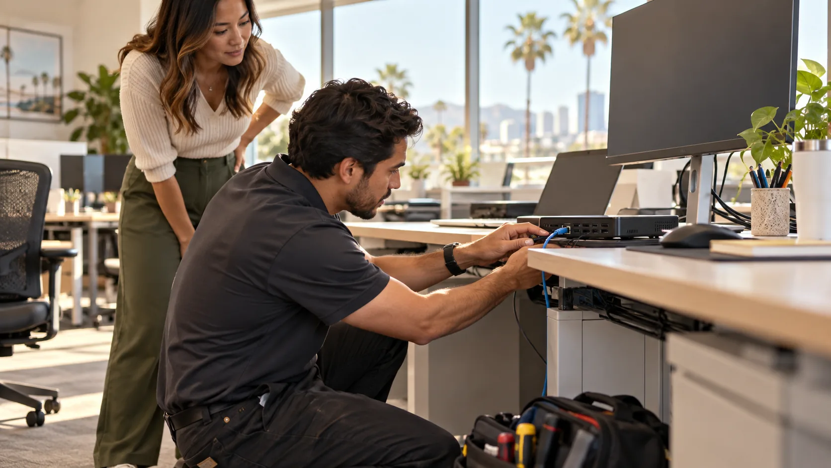 Illustrative onsite technician inspecting office technology