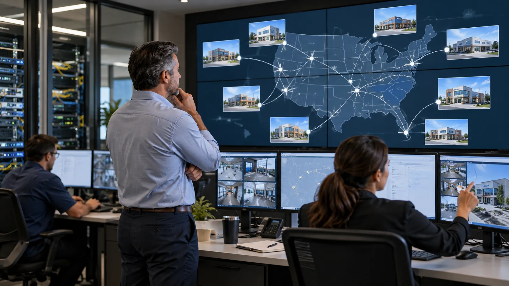 Technology operations team monitoring systems across multiple business locations