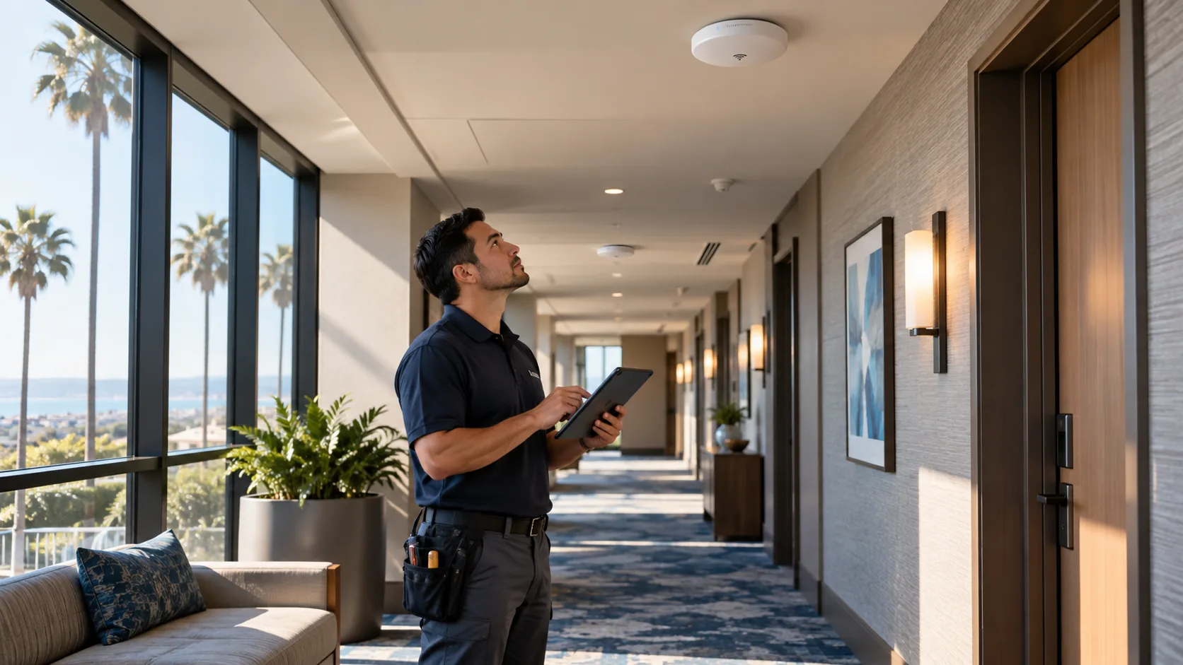 Illustrative Wi-Fi technician assessing access points in a hotel corridor