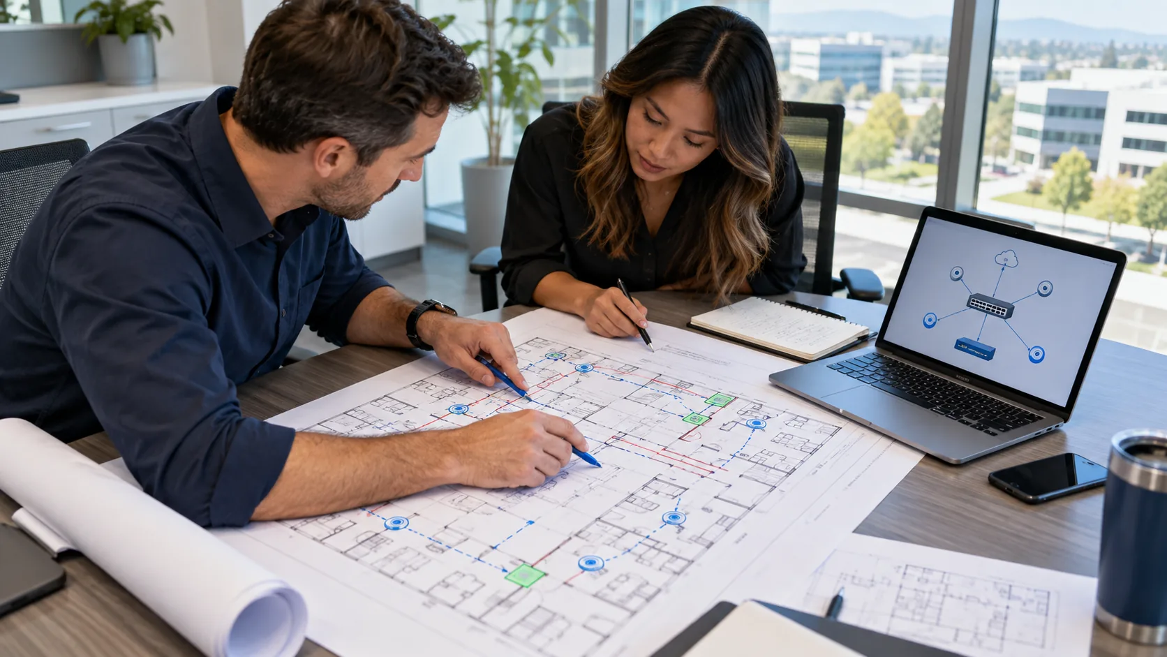 Illustrative engineers planning network topology and access point locations