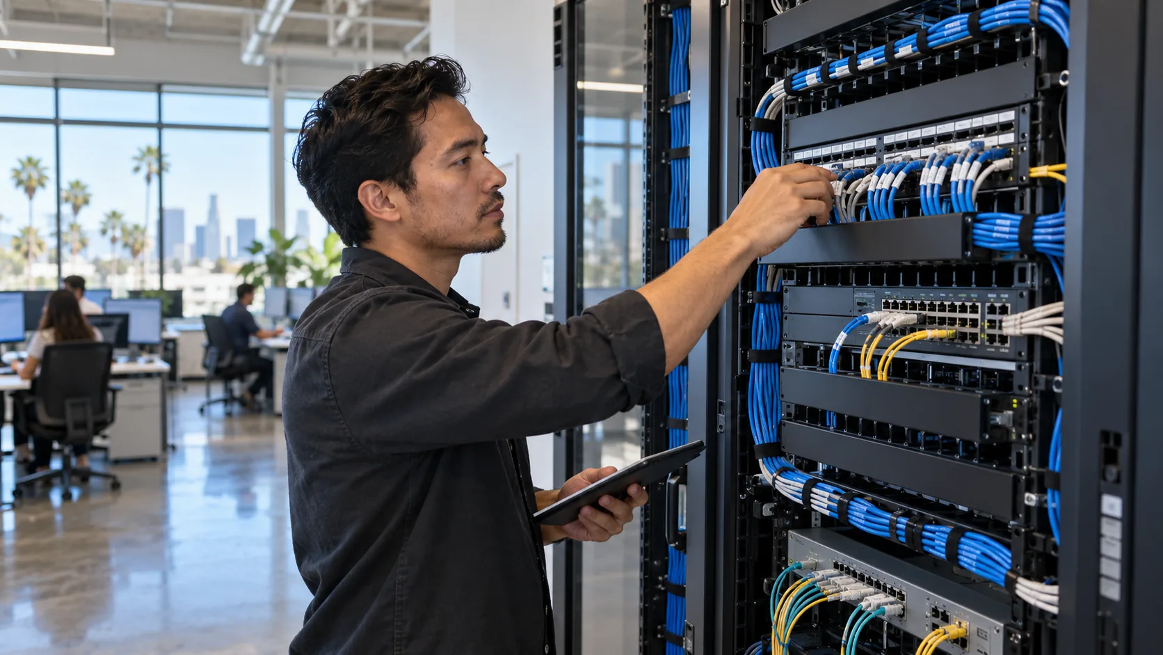 Illustrative technician checking organized commercial switching and patching