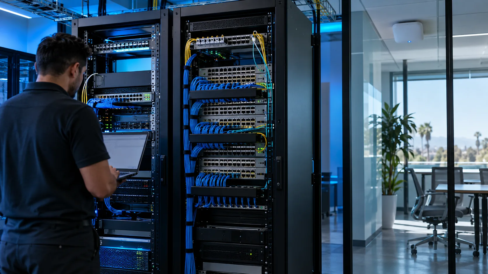 Illustrative commercial network room with organized switching and wireless access point