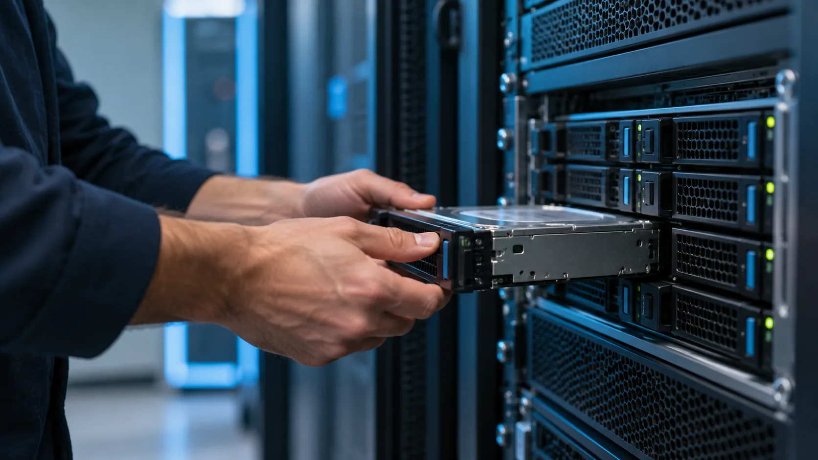 Illustrative technician servicing a rack-mounted storage system