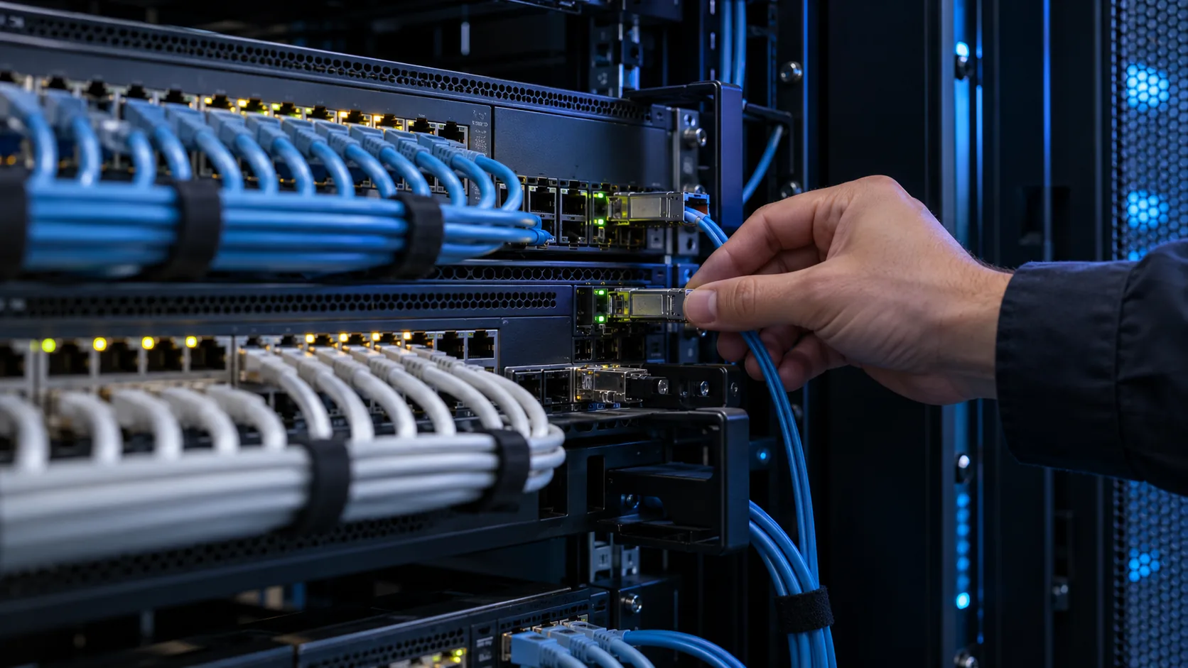 Illustrative switching and fiber uplink work in an equipment rack