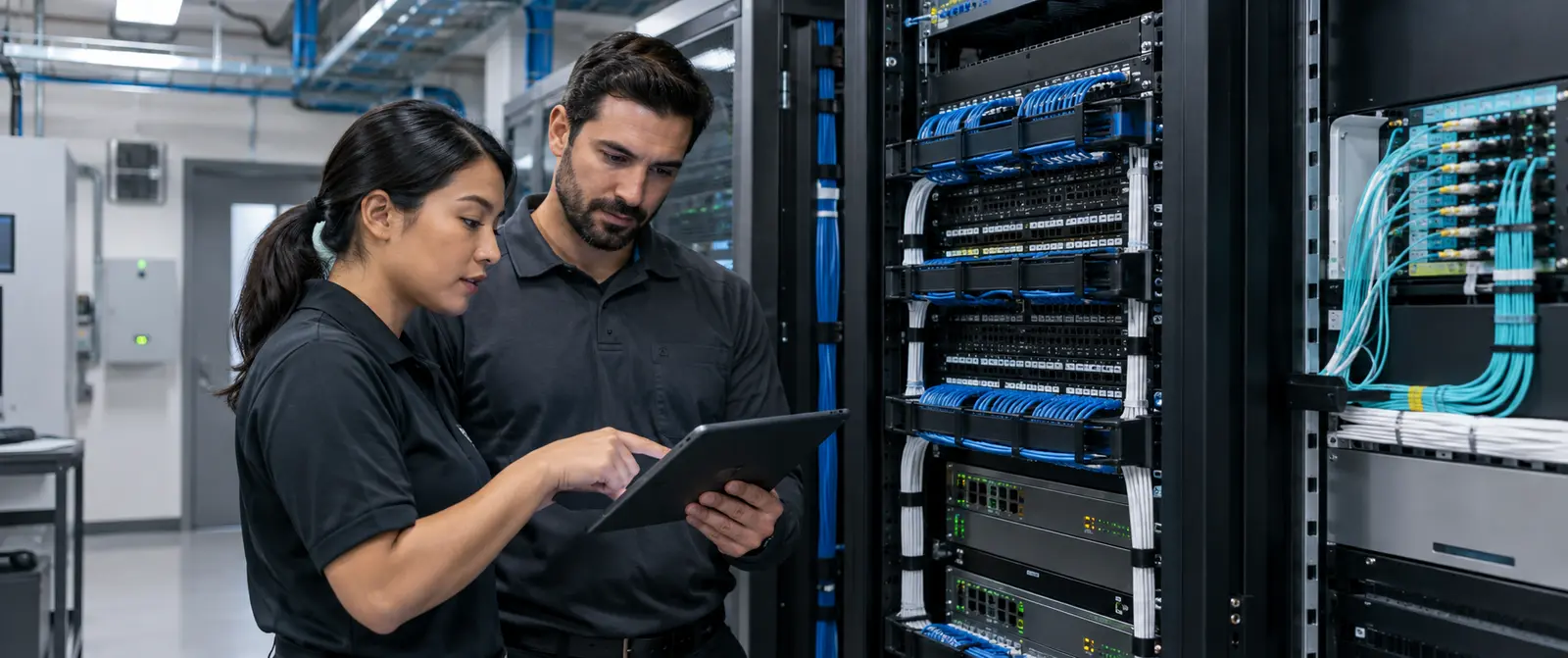 Commercial technology technicians reviewing a documented network and fiber equipment rack